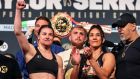 Katie Taylor and  Amanda Serrano during the  weigh-in for their World Lightweight title fight at Madison Square Garden in New York on Saturday night. Photograph: Gary Carr/Inpho