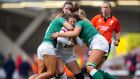 England’s Jess Breach tackled by Ireland’s Hannah O’Connor  and Dorothy Wall. Photograph: Mike Egerton/PA Wire