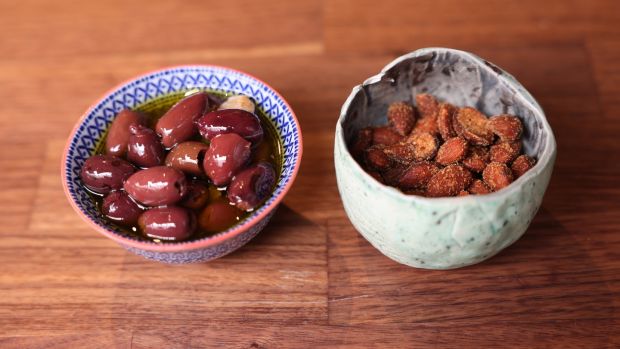 Kalamata olives and smoked almonds at Bhonn Space, Blackrock Market. Photograph: Dara Mac Dónaill