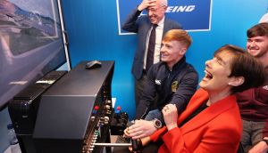 Minister for Education Norma Foley  joined students at Dublin City University on Wednesday to launch the &lsquo;Mobile Newton Room&rsquo;, a Stem classroom which features professional flight simulators. Photograph: Dara Mac D&oacute;naill