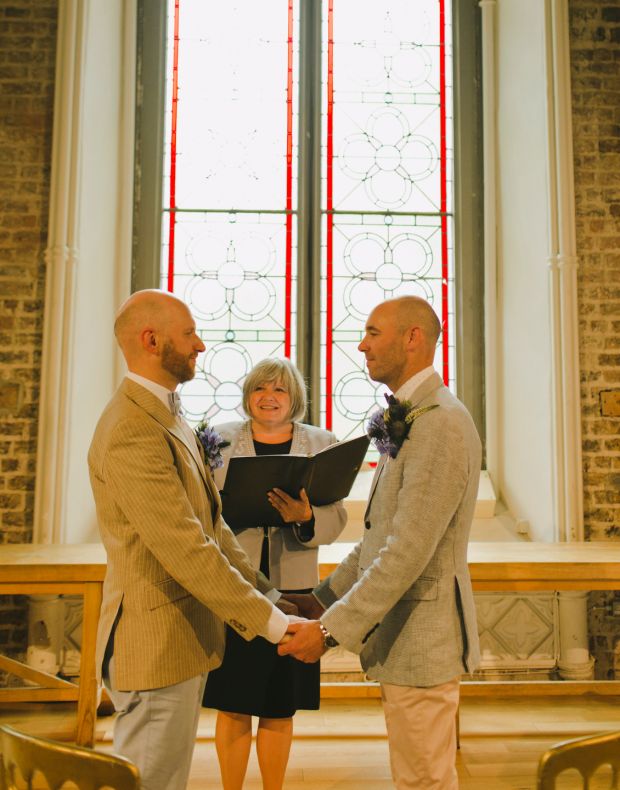 The marriage of Bob Johnston, left, and the artist Leon McAleenan, in August 2016 on their 15-year anniversary. Photograph: Ivan Patarcic