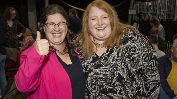 Alliance Party candidate Kellie Armstrong (left) celebrates with her party leader Naomi Long at the Titanic Exhibition Centre in Belfast. Photograph: Liam McBurney/PA Wire