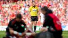 Referee Luke Pearce watches the TMO for a late tackle on Munster’s Simon Zebo. Photograph: Ben Brady/Inpho