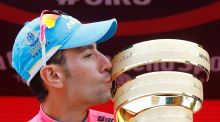Italy’s Vincenzo Nibali kisses the trophy on the podium after winning the 99th Giro d’Italia in 2016. Photograph: Luk Benies/AFP/Getty