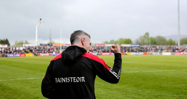 Derry manager Rory Gallagher celebrates victory over Tyrone. Photograph: Lorcan Doherty/Inpho 