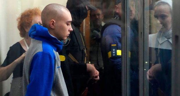 Vadim Shysimarin accused of killing civilian on February 28th while fighting in Sumy region in north-east Ukraine goes on trial in Ukraine for war crimes. Photograph:AP Photo/Efrem Lukatsky