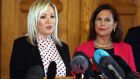 Michelle O’Neill  and Mary Lou McDonald during a Sinn Féin press conference at Parliament Buildings in  Belfast after Sinn Féin  became the  largest party  at Stormont. Photograph:  Liam McBurney/PA Wire 