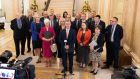 DUP leader Jeffrey Donaldson with members of his party at Stormont on Friday. Photograph: Liam McBurney/PA Wire