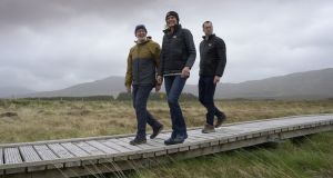 Project manager Dr Derek Mc Loughlin with Minister of State for Land Use and Biodiversity Pippa Hackett and Minister Of State for Heritage Malcom Noonan athe the launch of Wild Atlantic Nature at Ballycroy National Park. Photograph: Michael Mc Laughlin