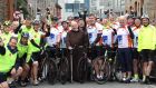 ON YOUR BIKES: Brother Kevin Crowley from the Capuchin Day Centre with over 60 cylists from all over Ireland before the Cycle for Brother Kevin 2022 left Dublin heading for Clonakility, west Cork on Saturday. Photograph: Damien Eagers