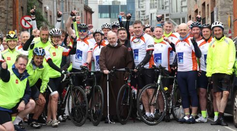 ON YOUR BIKES: Brother Kevin Crowley from the Capuchin Day Centre with over 60 cylists from all over Ireland before the Cycle for Brother Kevin 2022 left Dublin heading for Clonakility, west Cork on Saturday. Photograph: Damien Eagers