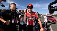 Belgian rider Thomas De Gendt celebrates after he crossed the finish line to win the eighth stage of the Giro d’Italia. Photograph: Getty Images