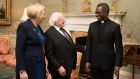 The departing papal nuncio to Ireland, Archbishop Jude Thaddeus Okolo, at a reception at Áras an Uachtaráin with President Michael D Higgins and his wife Sabina in early 2018. Photograph: Tom Honan