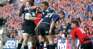  Johnny Sexton  roars at Ronan O’Gara after a  Leinster try in the 2009 Heineken Cup semi-final. Photograph: James Crombie/Inpho