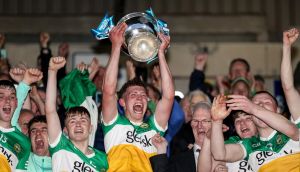 Offaly celebrate with the trophy after winning the Leinster minor hurling title. Photograph: Evan Treacy/Inpho