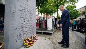 Taoiseach Micheál Martin lays a wreath on Talbot Street during a ceremony marking the 48th anniversary of the Dublin and Monaghan bombings. Photograph: Niall Carson/PA Wire
