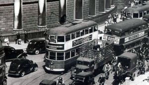 College Green in Dublin in the late 1940s. Irish cities were given electric tram networks in the early 20th century