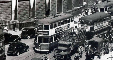 College Green in Dublin in the late 1940s. Irish cities were given electric tram networks in the early 20th century