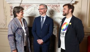 Minister for Children and Equality Roderic O’Gorman (centre) meets  Jayne Ozanne, director of the Ozanne Foundation, and Alan Edge, of LGBT Ireland at the launch of LGBT Ireland’s Ban Conversion Therapy campaign. Photograpah Marc O’Sullivan