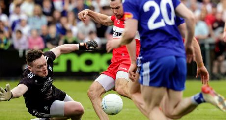 Benny Herron beats Monaghan goalkeeper Rory Beggan to score a goal for Derry in the Ulster semi-final at the Athletic Grounds in Armagh. Photograph: John McVitty/Inpho