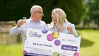 Joe Thwaite and Jess Thwaite from Gloucestershire celebrate after winning the record-breaking EuroMillions jackpot of £184 million from the draw on Tuesday May 10th, 2022. Photograph: Andrew Matthews/PA Wire
