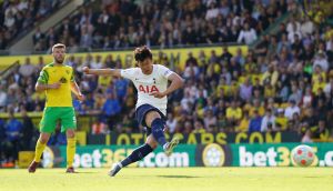 Son Heung-Min of Spurs scoring his side’s fourth goal against Norwich at Carrow Road, Norwich. Photograph: Joe Giddens/PA Wire
