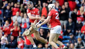 Cork’s Tim O’Mahony celebrates scoring a goal with Darragh Fitzgibbon during the Munster SHC round-robin game against Tipperary at  FBD Semple Stadium. Photograph: Laszlo Geczo/Inpho