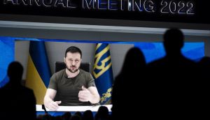 Ukrainian President Volodymyr Zelensky delivers an address via videolink during the opening plenary session of the 51st annual meeting of the World Economic Forum (WEF) in Davos, Switzerland, on Monday. Photograph: Gian Ehrenzeller/EPA