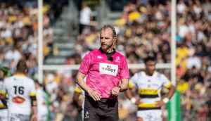 Referee Wayne Barnes looks at players during the European Champions Cup match between La Rochelle andBordeaux. Photograph: Xavier Leoty/AFP via Getty