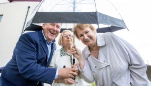 Minister for Housing Darragh O’Brien with residents Eileen McDonnell and Joan Brown at Fold Housing’s St Agnes development in Crumlin, Dublin, on Monday. Photograph: Tom Honan