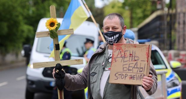  A protest today in support of Ukraine outside the Russian Embassy in Dublin, marking three months since the invasion began. Photograph: Dara Mac Dónaill