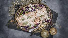 Baked salmon, warm red cabbage, fennel and Pernod crème fraiche