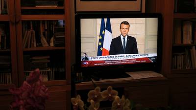 Emmanuel Macron  mocks Trump slogan on live TV