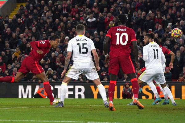 Liverpool hits six past hapless Leeds to close gap on Man City to three points