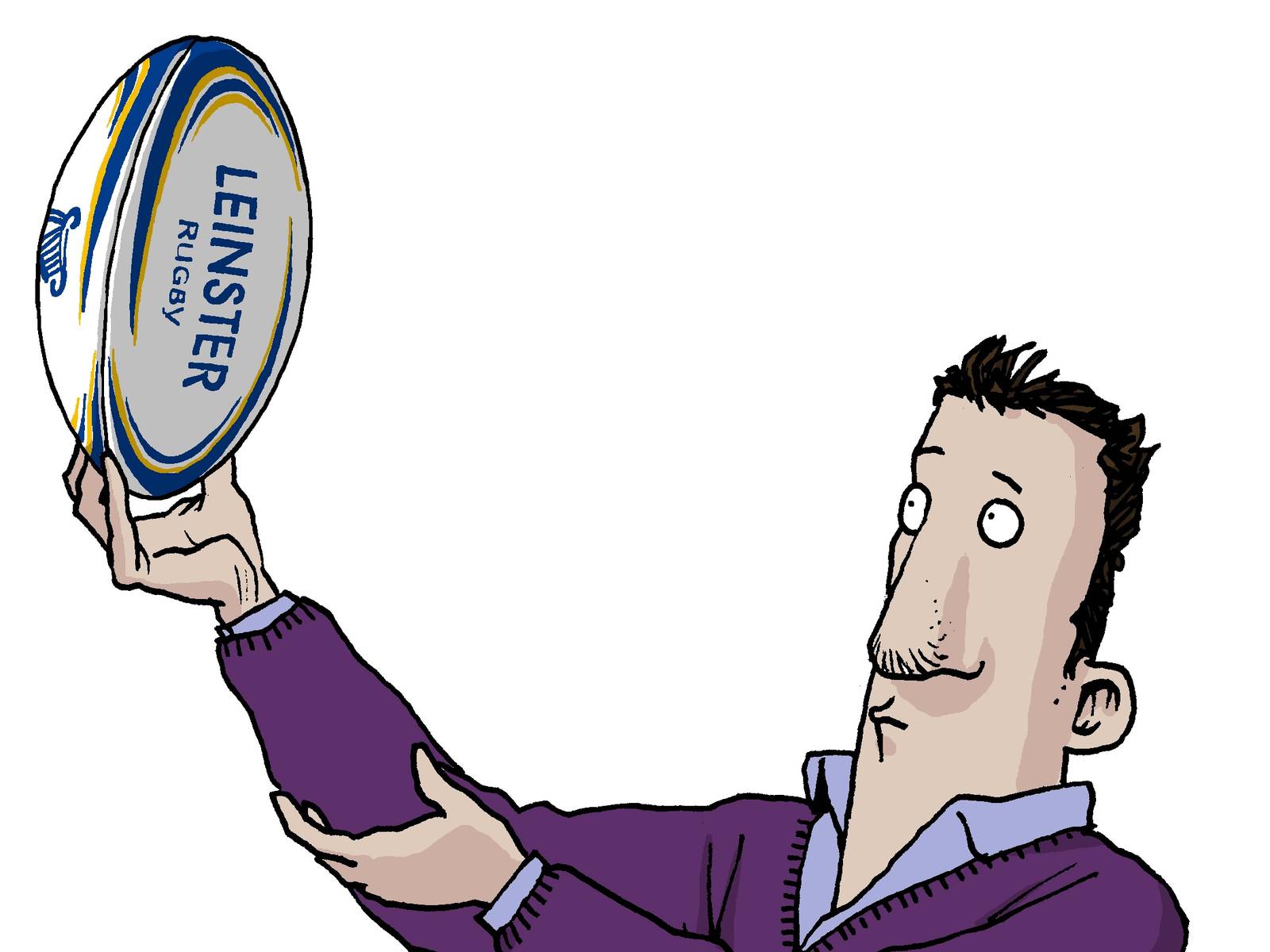 Ross O'Carroll-Kelly holds a rugby ball. Illustration: Alan Clarke.