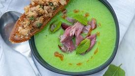 Pea and ham soup with stuffing crostini