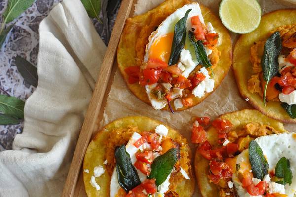 Butternut tostada with fried eggs and sage