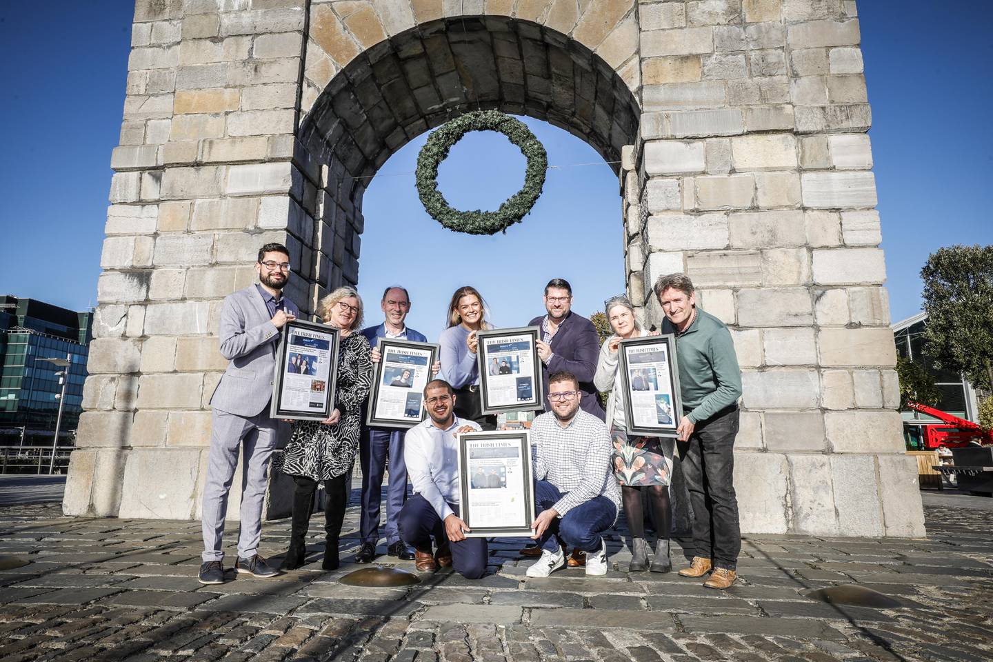 (Clockwise left):  Matej Ulicny and Julie Connelly of AI Mapit;  Prof Denis Dowling of Infraprint; Hannah Thornton and Colin Morrissey of Orreco; Fiona Kelleher and Kieran Coffey of MyGug; and (centre) Muhammad Yassin and Muneer Sawaied of Genicity; all winners at The Irish Times Innovation Awards 2023. Photo: Conor McCabe