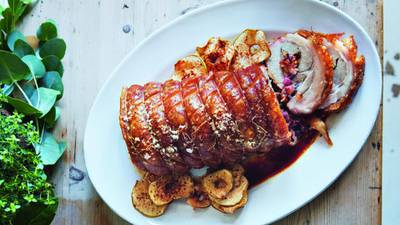 Free-range pork with apple, cherry and sage stuffing and apple crisps