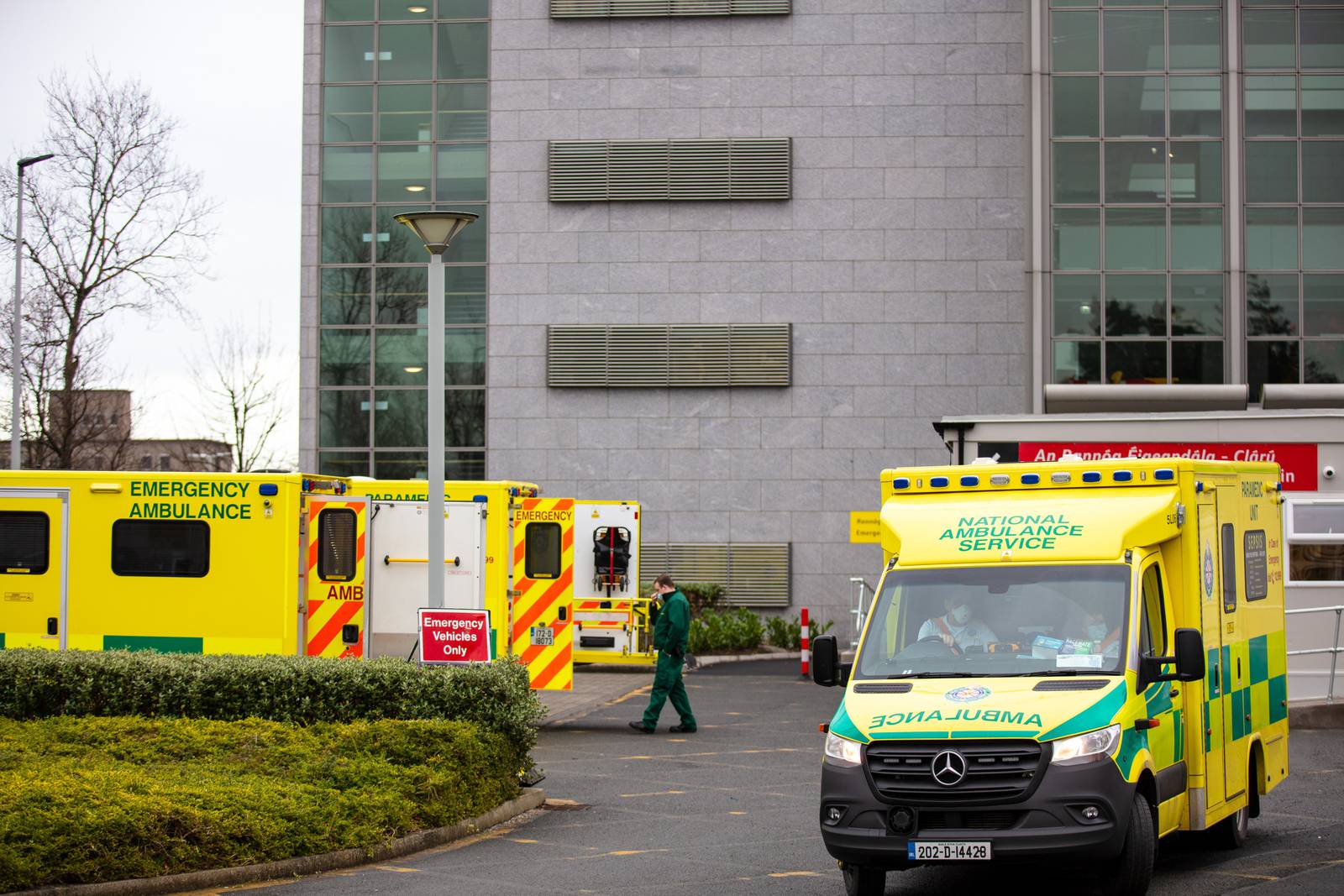 Ambulances at St. Vincent's University Hospital in Dublin, Ireland, on Wednesday, Jan. 27, 2021. Ireland should brace for rough weeks ahead in its fight to contain one of the globe's worst virus outbreaks, Health Minister Stephen Donnelly warned. Photographer: Patrick Bolger/Bloomberg