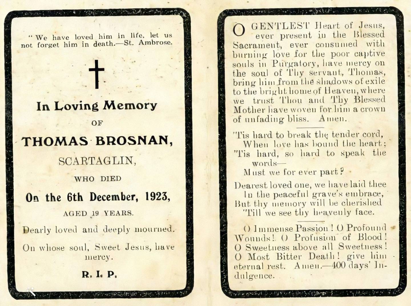 Memoriam card  of Thomas  Brosnan, killed December 6th, 1923.