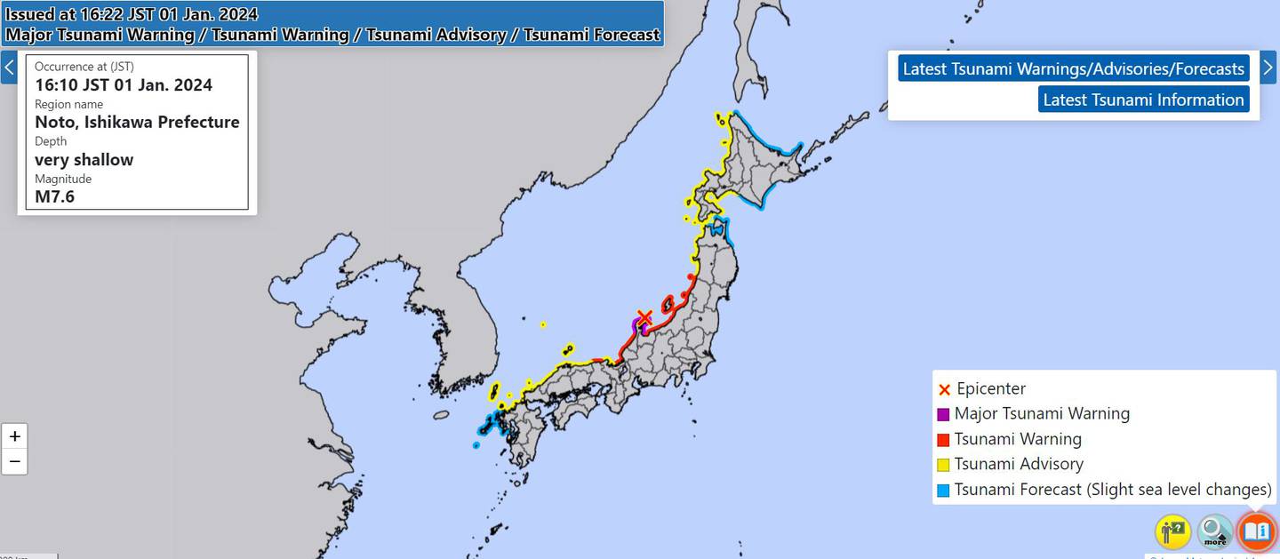 Major tsunami warnings are currently in effect for coastal regions of Japan. Image:  Japanese Meteorological Agency