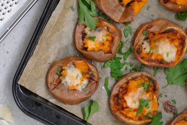 Gorgeous, garlicky sweet potato with a Parmesan crust