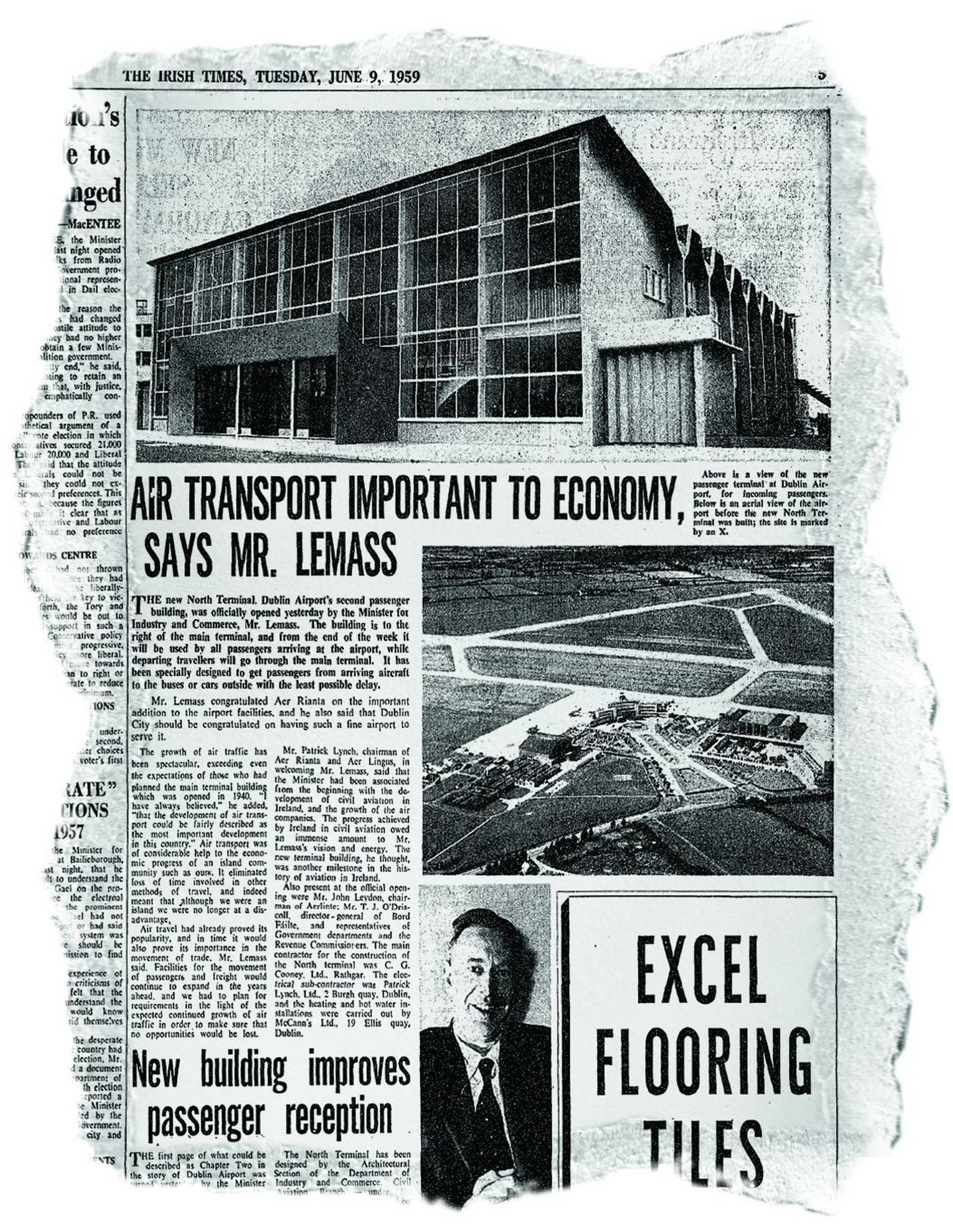 Rag-out of an article on page 5 of The Irish Times of Tuesday June 9, 1959, showing the new North Terminal at Dublin Airport, with the headline "Air transport important to economy, says Mr Lemass"