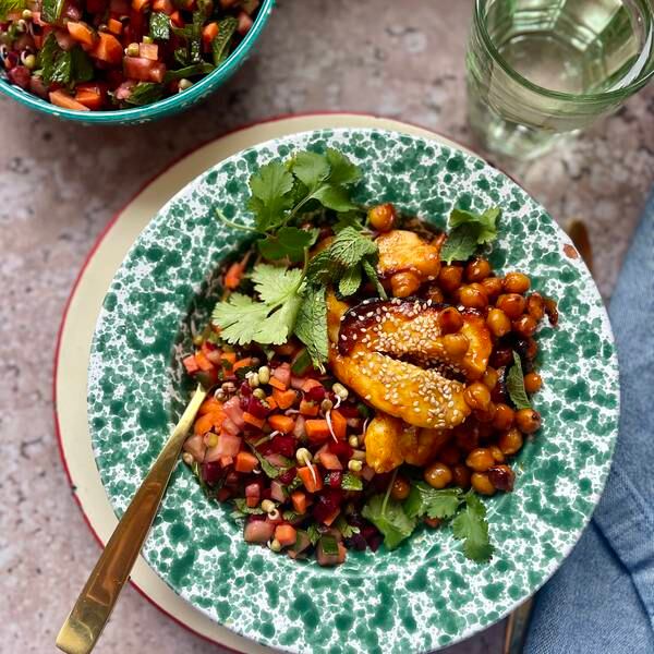 Sticky chilli chickpeas and halloumi with chopped salad