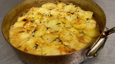 Easy chicken and veg pie with gratin potatoes that is a complete meal in one dish