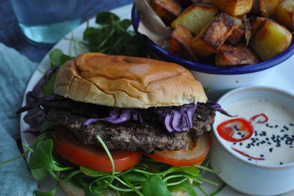 Smash burgers with home fries and kimchi mayonnaise