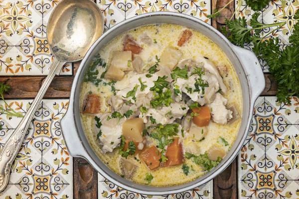 Chicken, root vegetable and barley stew with cider and ginger cream