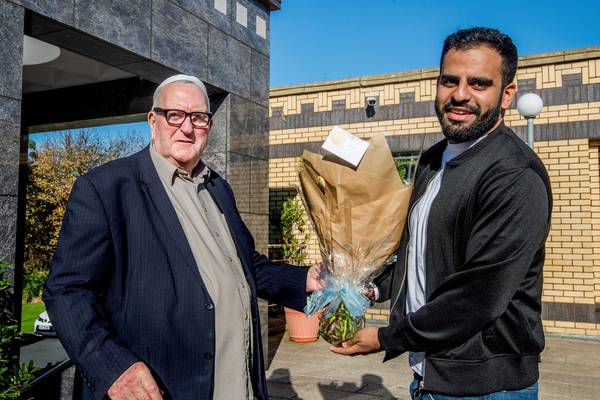 Ibrahim Halawa welcomed back with flowers by Catholic priest