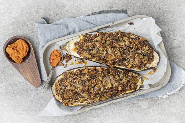 Stuffed aubergine with fennel quinoa and n’duja